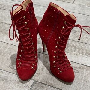 Elegant Red Studded Heeled Boots